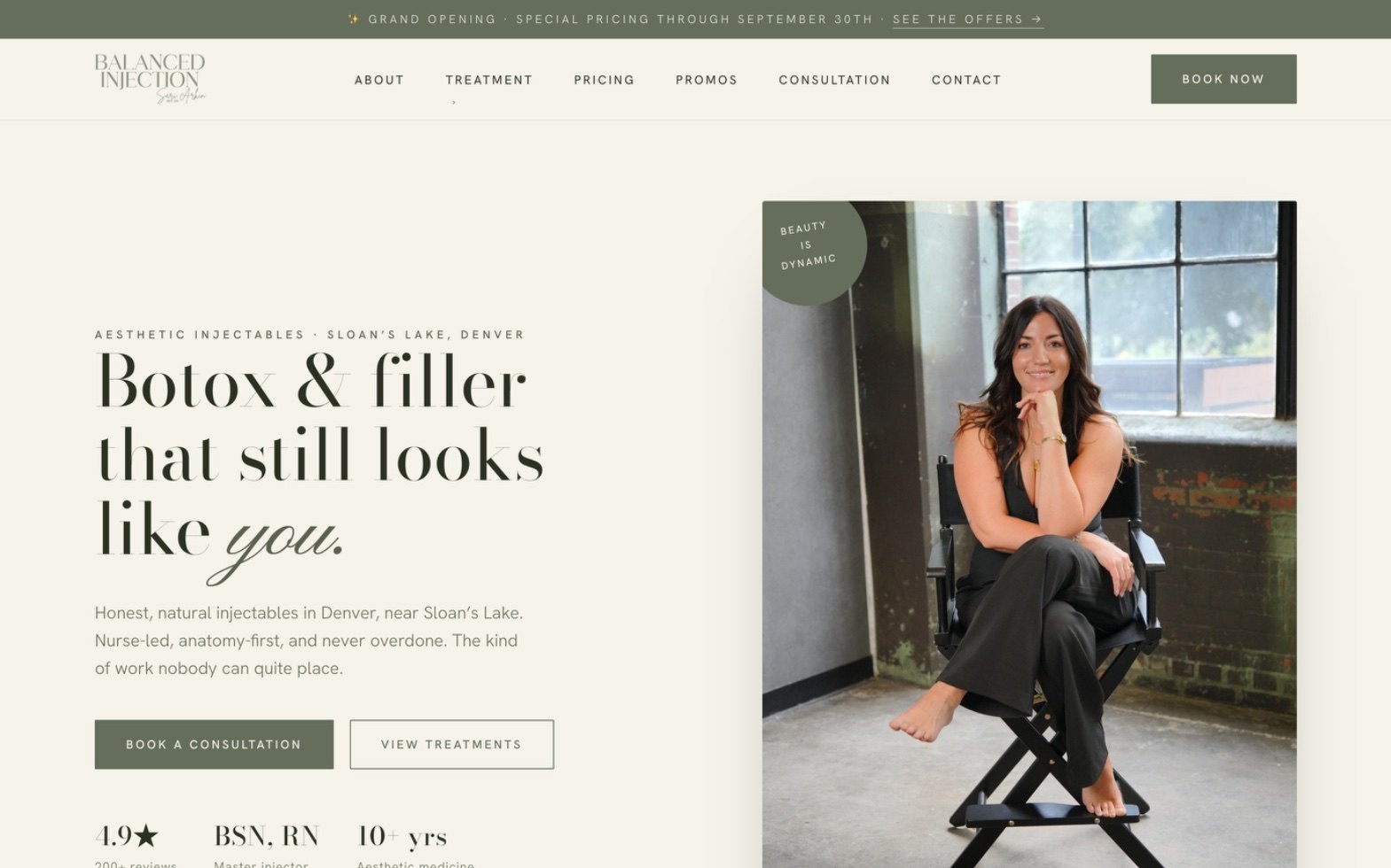 The Balanced Injection homepage, a Denver nurse injector website built by Salt and Sage Studios