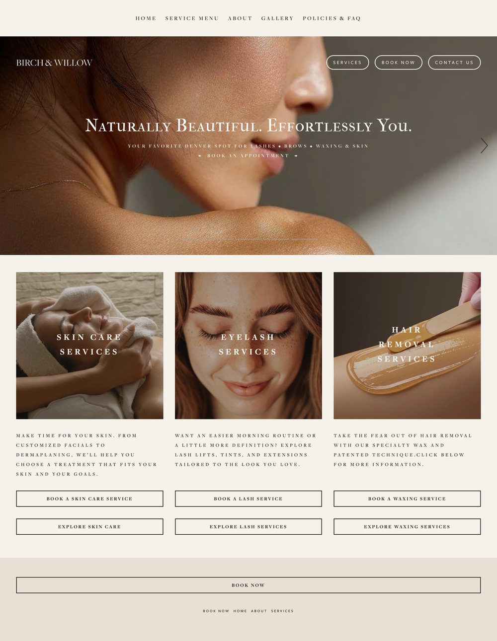 The Birch and Willow homepage after: a skin close-up, the line Naturally Beautiful, Effortlessly You, your favorite Denver spot for lashes, brows, waxing and skin, and real treatment photography with a book and an explore button for each service