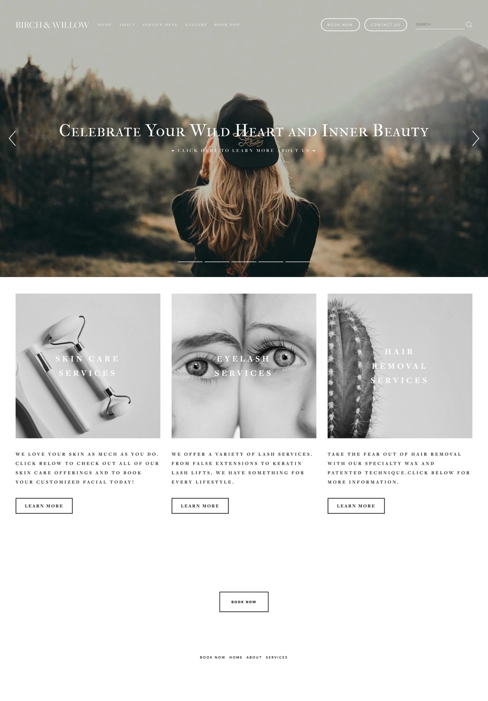 The Birch and Willow homepage before: a mountain photograph, the line Celebrate Your Wild Heart and Inner Beauty, and three black and white tiles that name no treatments