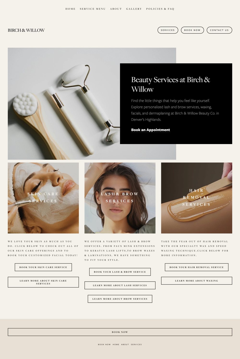 The Birch and Willow services page after: an opening panel naming lash and brow services, waxing, facials and dermaplaning in Denver&rsquo;s Highlands, with real treatment photography and a book and a learn more button for each service
