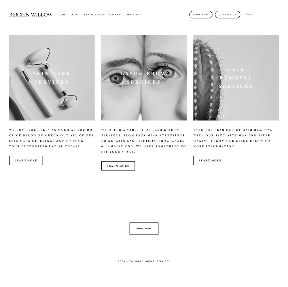 The Birch and Willow service tiles before: three grayscale stock images labelled skin care, lash and brow, and hair removal, each with a single Learn More button