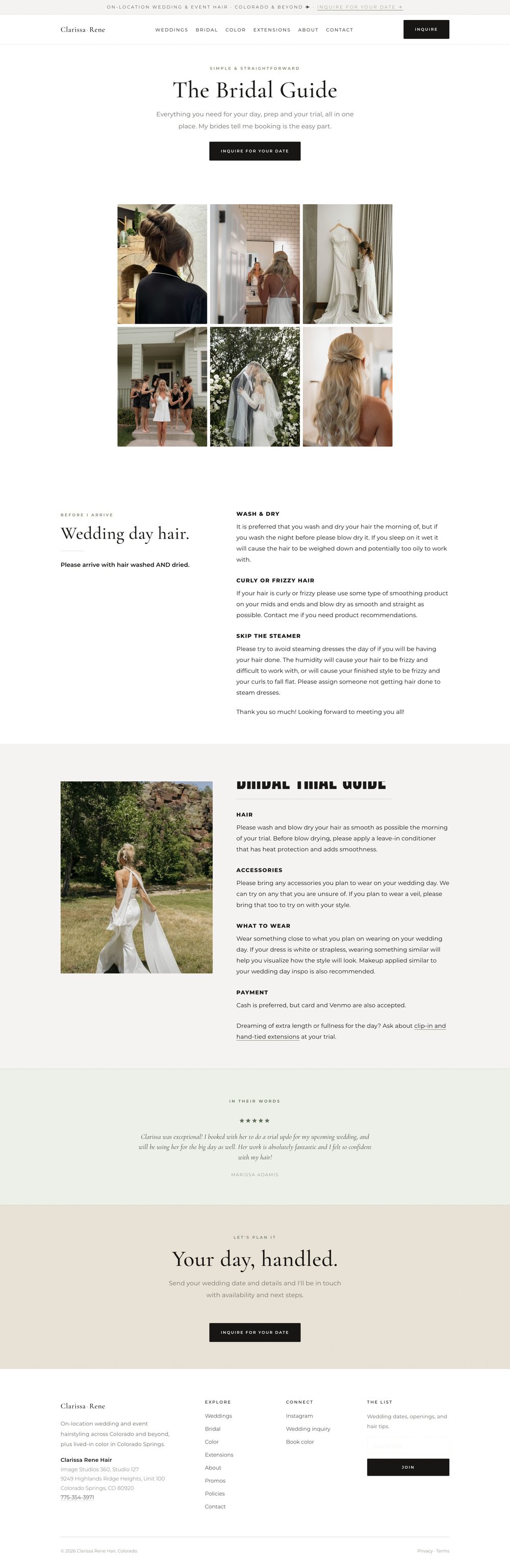 Clarissa Rene Hair after: a bridal page that explains on-location wedding hair, the stylist, the process, real weddings, reviews, and how to inquire