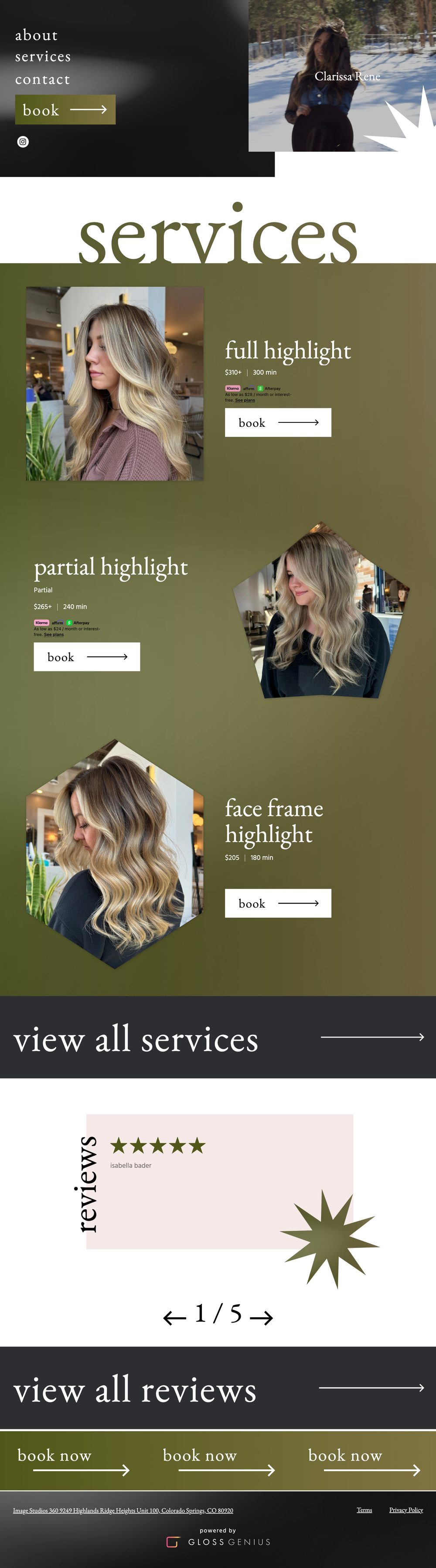 Clarissa Rene Hair before: a GlossGenius booking page with a name, three services, and a book button