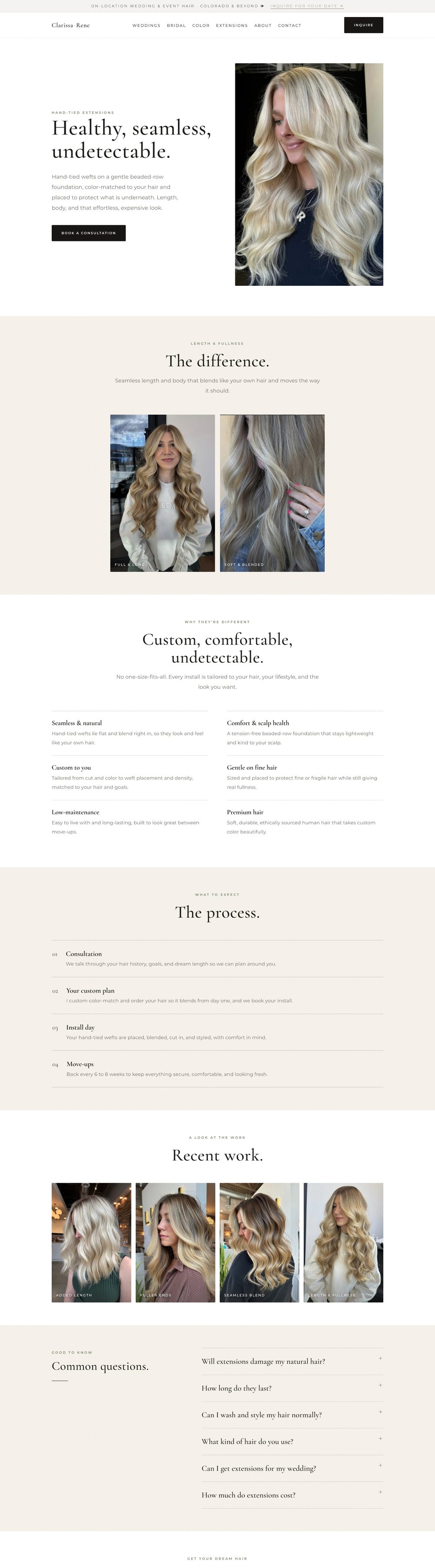 Clarissa Rene Hair extensions page after: what hand-tied extensions are, who they suit, the process, recent work, common questions, and a consultation button
