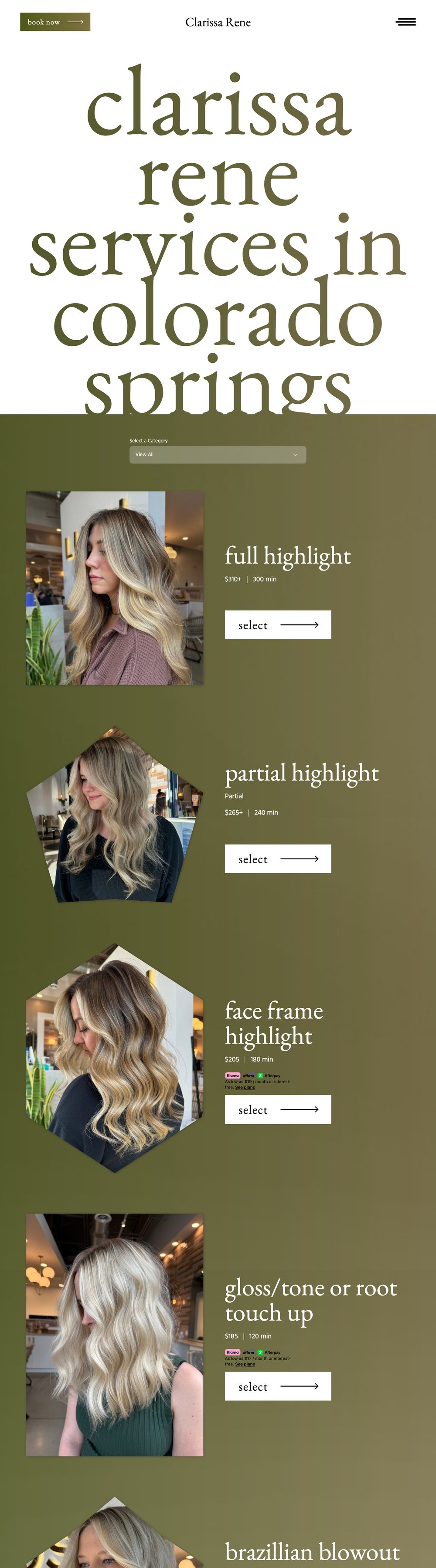 Clarissa Rene Hair services before: a scrolling list of highlight services with prices and book buttons, nothing about what each one is for