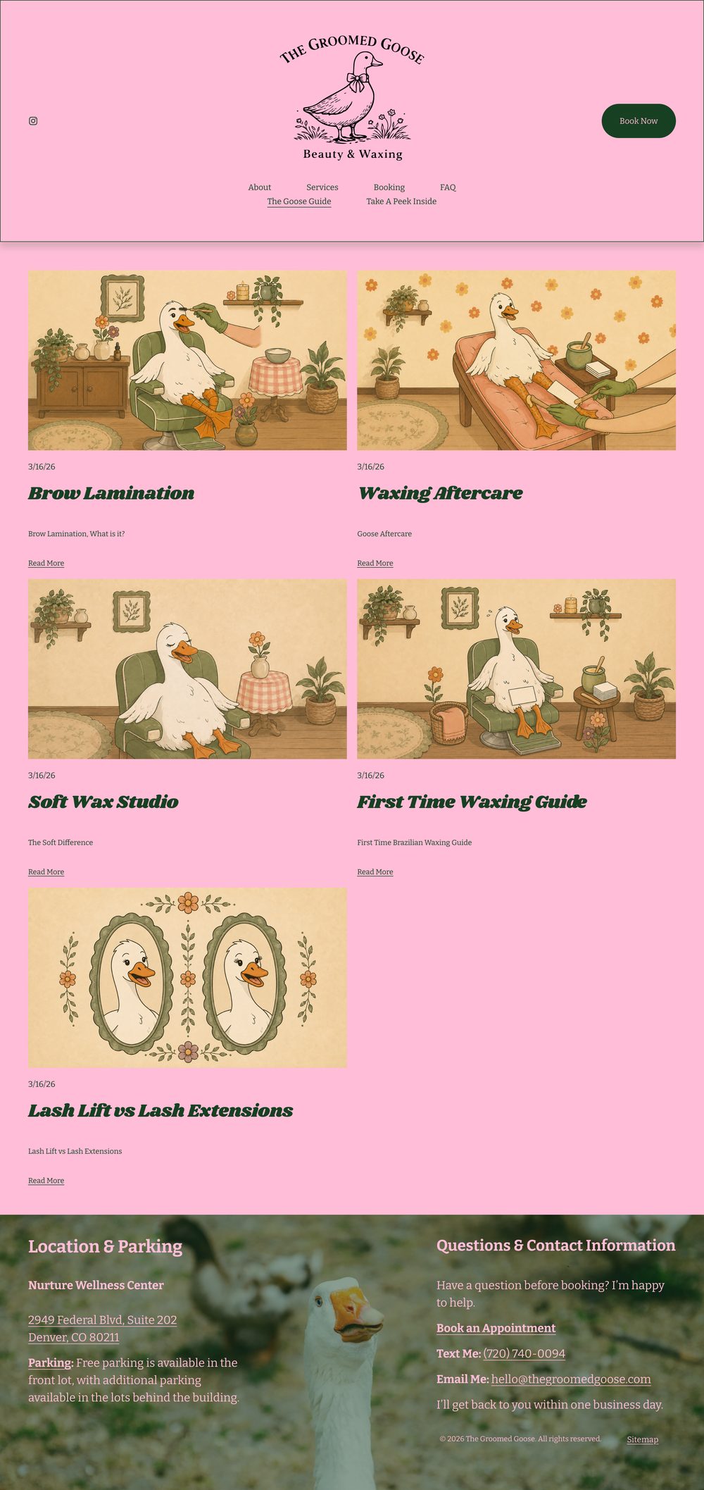 The Goose Guide after: illustrated goose artwork on every post, with clear titles and a full location and contact footer