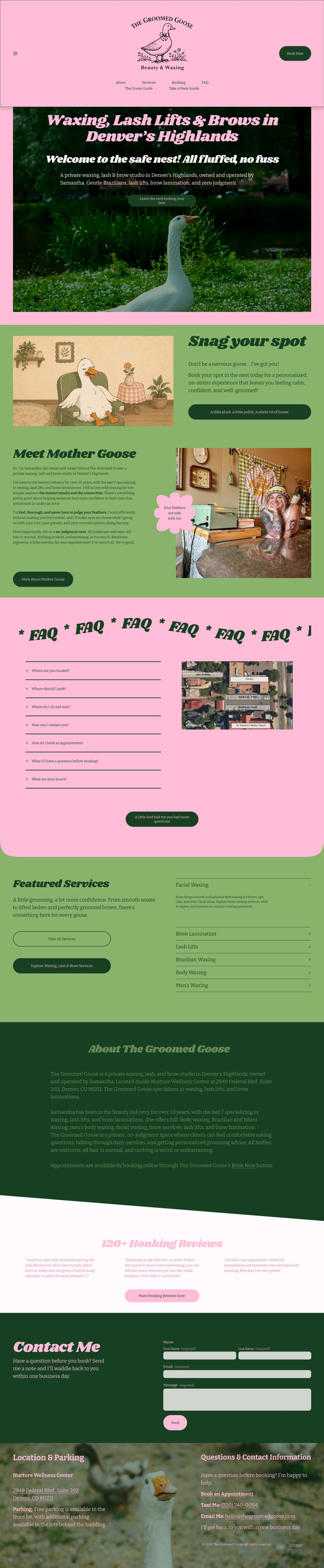 The Groomed Goose homepage after: waxing, lash lifts and brows in Denver’s Highlands, with services, an owner introduction, and reviews on the page