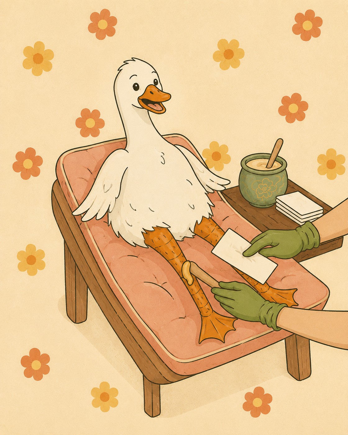 The Groomed Goose’s illustrated goose relaxing mid leg wax, the Denver waxing studio’s playful branding